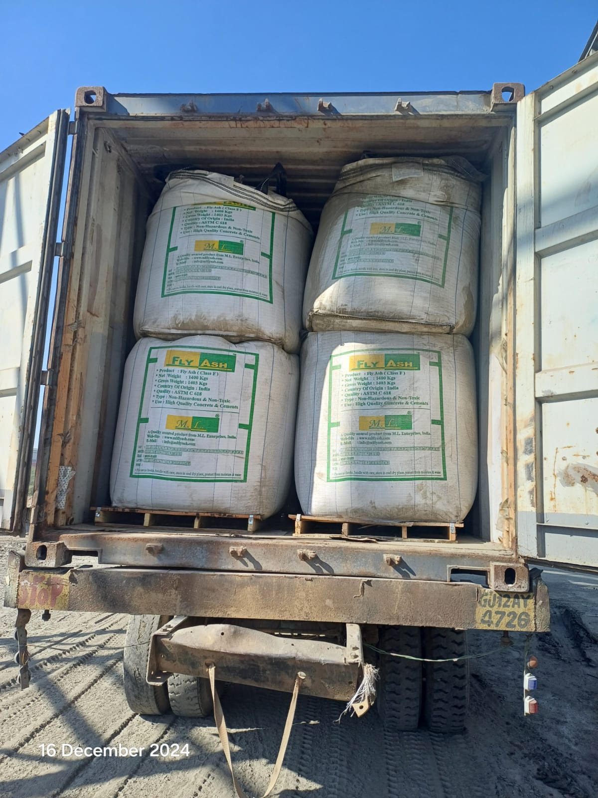 Fly ash jumbo bags loaded in export container