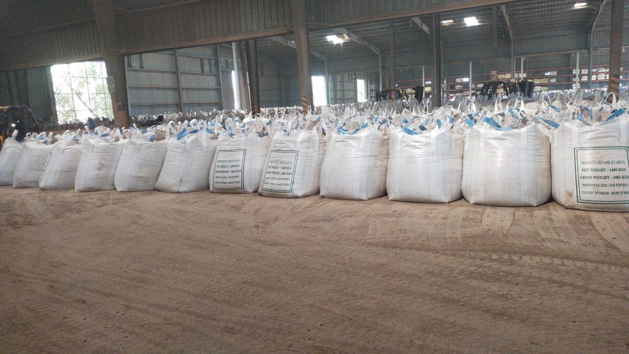 Jumbo bags of fly ash stored in warehouse